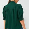 Elegant Women's Blackish Green Solid Blouse with Puff Sleeves and Frilled Trim - Image 2