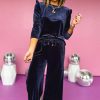 Women's Navy Blue Velvet Ruffled Two Piece Pants Set - Image 5