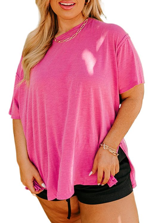 Plus Size Coral Solid Color Drop Shoulder T-Shirt for Women