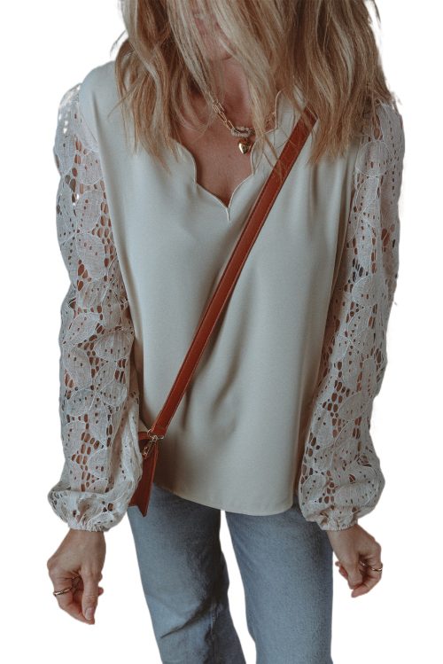 Women's Elegant White Lace Blouse with Scalloped V Neckline and Hollowed Lantern Sleeves