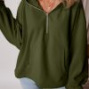 Women's Moss Green Fleece Lined Half Zip Hoodie with Kangaroo Pockets - Image 5