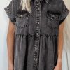 Women's Black Short Sleeve Flap Pocket Button Up Raw Hem Denim Shirt - Image 10