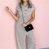 Chic Women's Khaki Checkered Print Buttoned Crew Neck Wide Leg Jumpsuit - Image 16