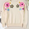 Women's Beige Knitted Flower Pattern Ribbed Edge Sweater - Image 6