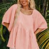 Chic Apricot Pink Plus Size Textured Wide Short Sleeve Babydoll Blouse - Image 5