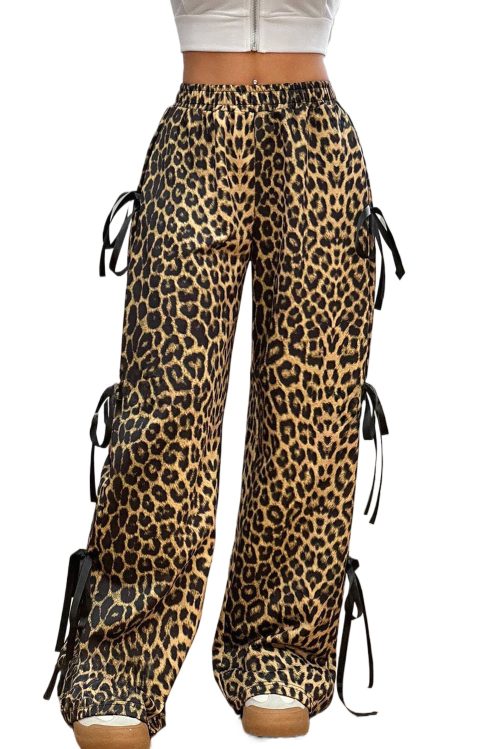 Women's Brown Leopard Print Bow Tie Drawstring High Waist Pants