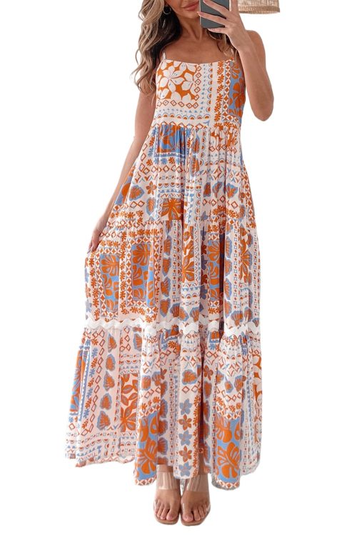 Women's Orange Multi Printed Maxi Dress with Ricrac Trim and Spaghetti Straps