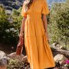 Elegant Grapefruit Orange Puff Sleeve Pleated High Waist Long Dress for Women - Image 6