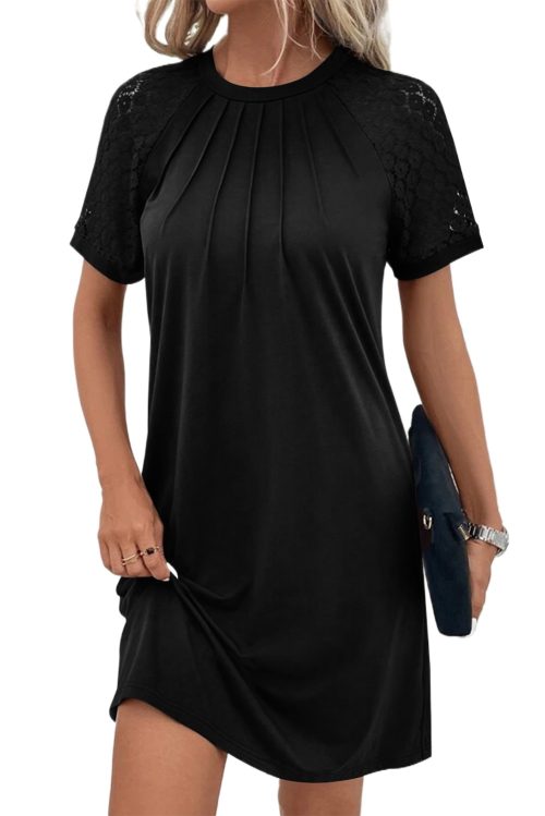 Chic Black Contrast Lace Raglan Sleeve Pleated Shift Dress