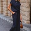 Women's Navy Blue Solid Color Textured Short Sleeve Top and Casual Pants Set - Image 2