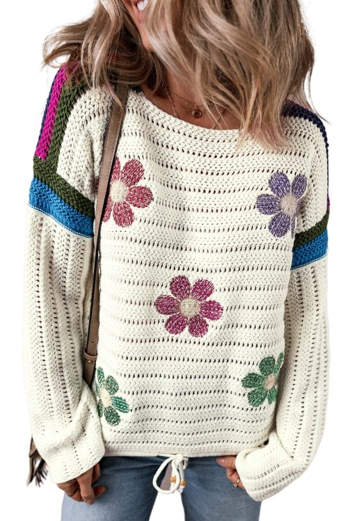 Women's White Daisy Flower Pointelle Knit Sweater