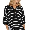 Women's Black Stripe Henley Knit Sweater Tee with Buttoned Placket and Drop Shoulder - Image 5