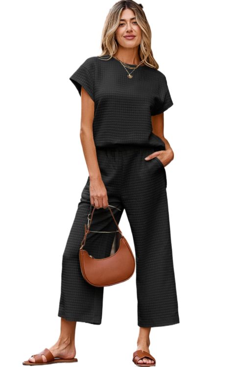 Women's Black Solid Color Textured Short Sleeve Top and Casual Pants Set