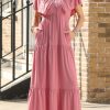 Elegant Rose Pink Textured V Neck Flutter Sleeve Ruffled Maxi Dress for Women - Image 6