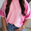 Trendy Women's Pink Stripe Color Block Patchwork Half Sleeve T-Shirt - Image 10