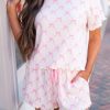 Women's Pink Bow Knot Geometric Print Lettuce Trim Two Piece Lounge Set - Image 9