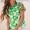 Elegant Green Floral Blouse with Contrast Embroidered Puff Short Sleeves - Image 6