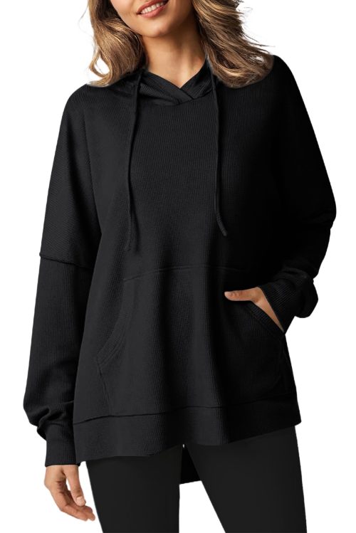 Women's Black Waffle Knit Fleece Lined Oversized Hoodie