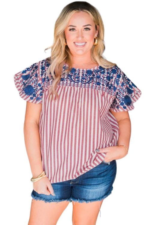 Plus Size Women's Red Stripe Floral Embroidered Petal Sleeve Blouse