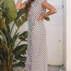 Chic Women's Khaki Checkered Print Buttoned Crew Neck Wide Leg Jumpsuit - Image 3