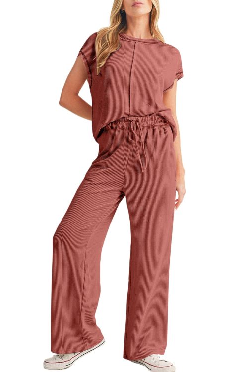 Women's Mineral Red Solid Color Corded Short Sleeve Top and Wide Leg Pants Set