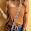 Women's Straw Yellow Ribbed Front Knot Buttoned Thin Strap Tank Top - Image 5