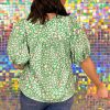 Plus Size Green Floral Tassel Tie Split Neck Blouse with Puff Sleeves - Image 2