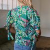 Chic Women's Green Brushwork Geometric Print Puff Sleeve Blouse with Notched Neck - Image 2