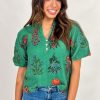 Women's Bright Green Floral Print Buttoned V Neck Short Sleeve Blouse - Image 3