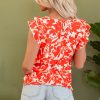 Women's Orange Floral Ruffle Sleeve Print Top with Stylish V Neck - Image 2