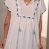 Women's White Colorful Fringed Tassel Tie Neck Short Sleeve Blouse - Image 3