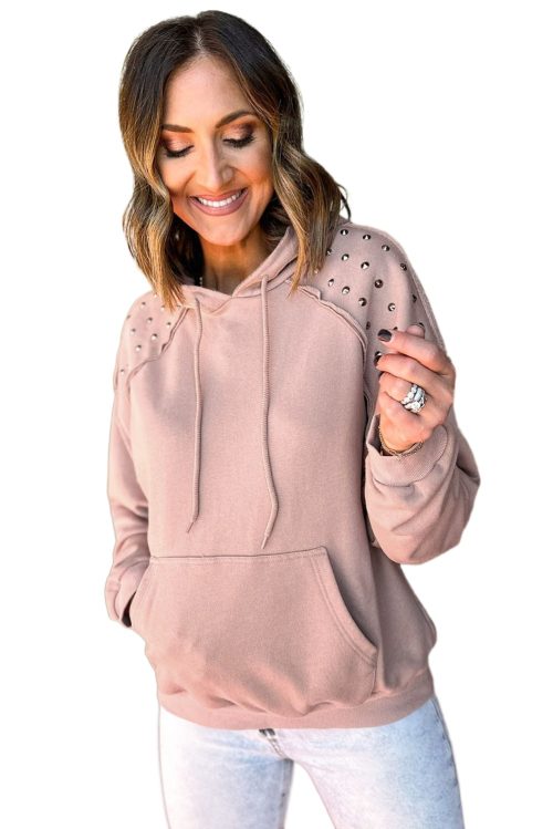 Women's Fushia Solid Color Rivet Stud Raglan Sleeve Hoodie with Pocket