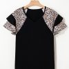 Women's Black Leopard Print Patchwork Ruffled Sleeve V Neck T-Shirt - Image 9