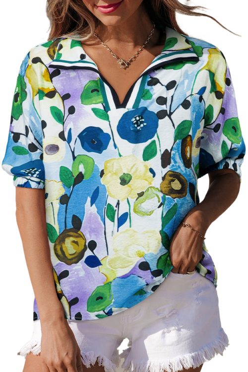 Women's Light Blue Floral Print Slit V Neck Short Sleeve Blouse - Effortlessly Feminine Style