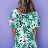 Women's Green Floral Print Shirred Square Neck Mini Dress with Puff Sleeves - Image 2