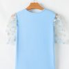 Women's Beau Blue Floral Mesh Puff Sleeve Crew Neck Top - Elegant Summer Blouse - Image 5