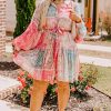 Women's Pink Patchwork Print Bubble Sleeves Belted Plus Size Dress - Image 6