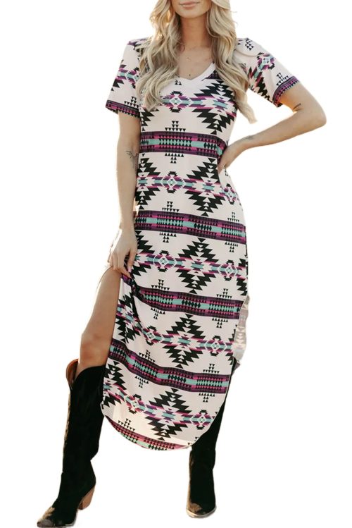 Women's Beige Western Aztec Printed Long T-Shirt Dress with V Neck and Side Slits