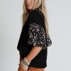 Women's Black Contrast Floral Puff Sleeve Oversized Top - Effortlessly Chic - Image 7