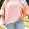 Women's Plus Size Orange Floral Print Patchwork Raglan Half Sleeve Top - Image 8