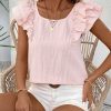 Women's Gossamer Pink Textured Blouse with Bow Knot and Frilled Butterfly Sleeves - Image 3