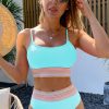 Women's Turquoise Striped Patchwork High Waist Bikini Swimsuit with Spaghetti Straps - Image 5