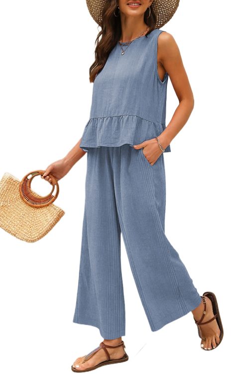 Women's Beau Blue Solid Color Ribbed Ruffle Tank Top and Pants Set