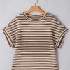 Women's Brown Stripe Textured Side Slits Crew Neck T-Shirt - Casual Summer Style - Image 6