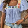 Women's Sky Blue Stripe Textured Ruffle Short Sleeve Boho Blouse - Image 5