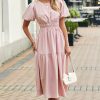 Women's Pink Puff Sleeve Pleated High Waist Flowy Long Dress - Perfect for Summer Occasions - Image 12