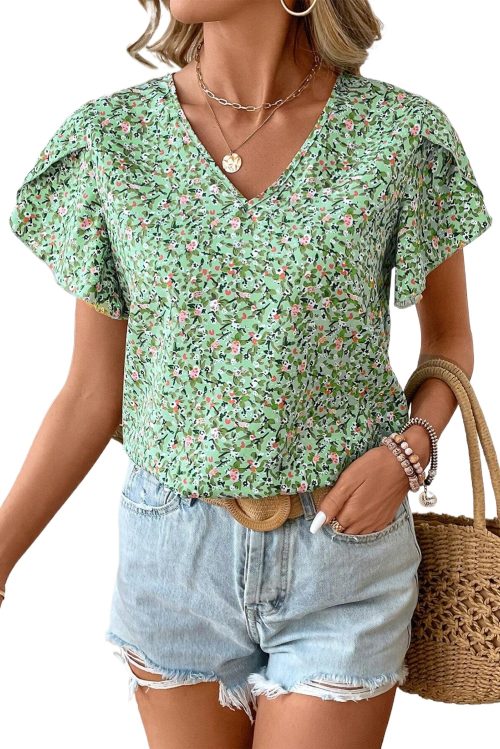 Women's Green Boho Floral V Neck Wrap Short Sleeve Blouse - Trendy Summer Top