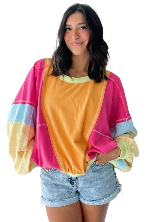 Women's Rose Red Plus Size Colorblock Patchwork Sweatshirt