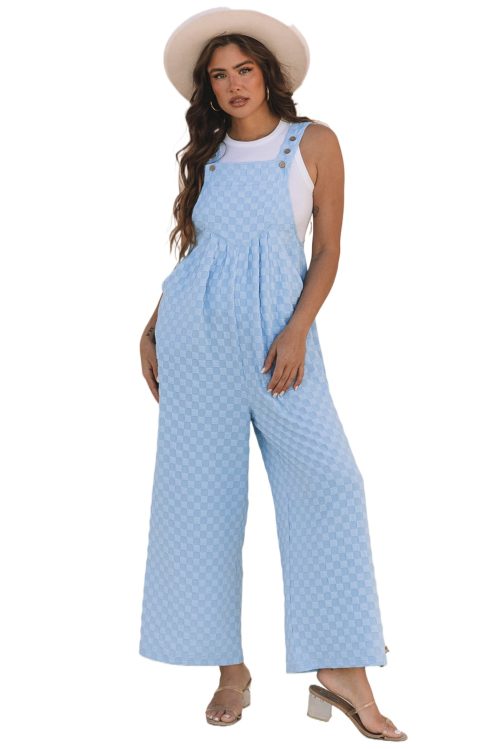 Women's Beau Blue Checkered High Waist Wide Leg Overall with Pocket