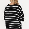 Women's Black Stripe Henley Knit Sweater Tee with Buttoned Placket and Drop Shoulder - Image 2